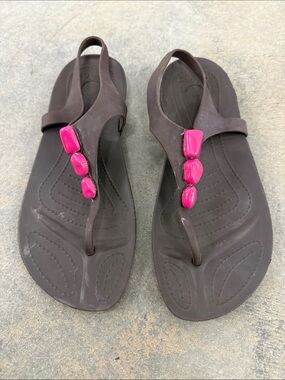 CROCS Brown Slingback Sandals with Pink Bead Accents